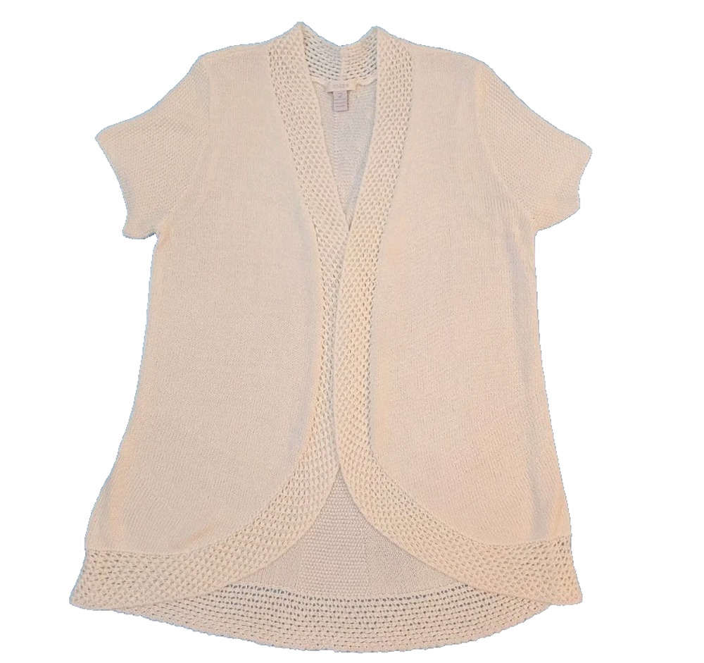 Chico's Sz 2 L Ivory Open Cardigan Short Sleeve Sweater Back Detail Curved Hem